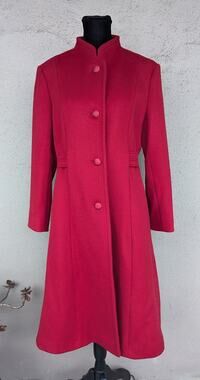 💜Vintage Red Wool Mandarin Collar Coat Ribbed Waist Waist Sz S/M